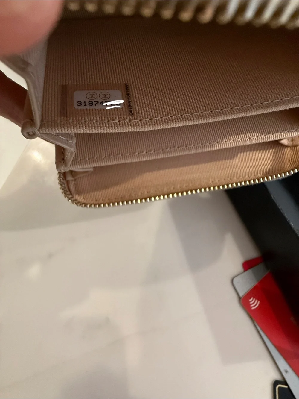 CHANEL Quilted Card Zip Wallet — Beige with Gold CC